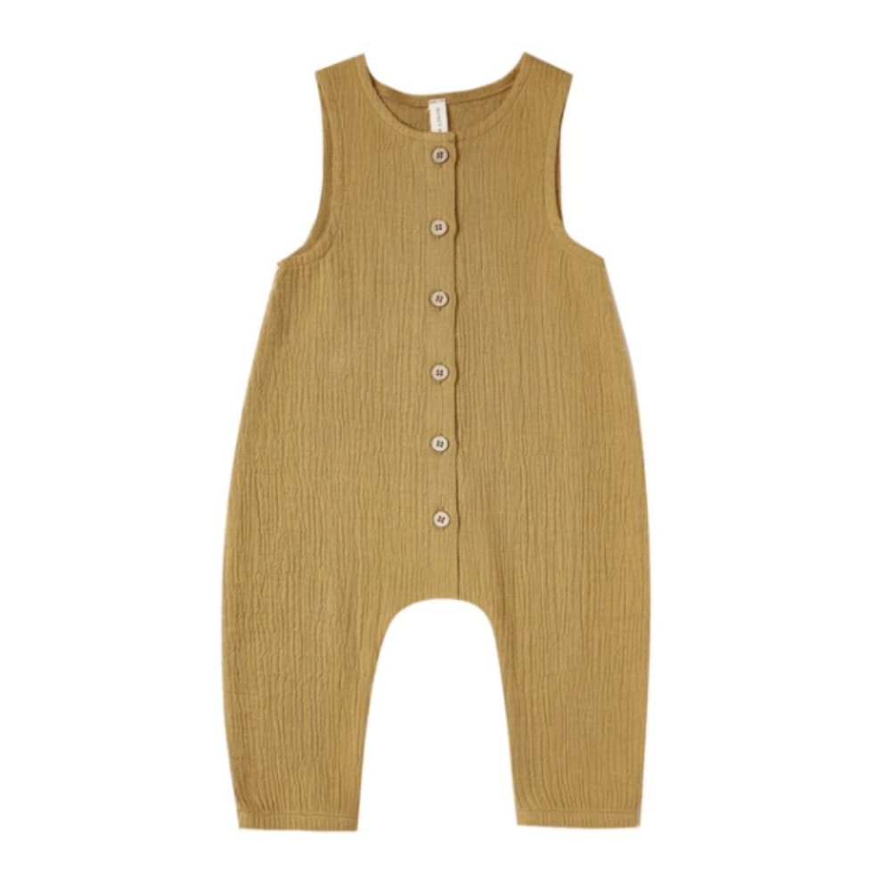 Quincy Mae Sleeveless Woven Button Jumpsuit Ochre 6-12 mo.